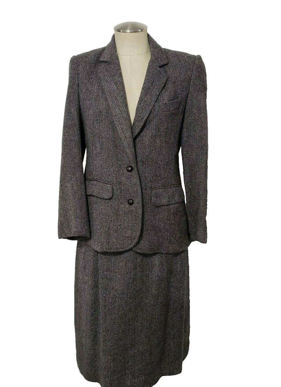Vtg Sycamore Pure Wool Women's Herringbone-patterned Suit Jacket & Skirt 6/8?